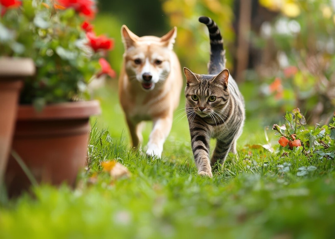 A Playful Orange and White Cat Running in a Garden